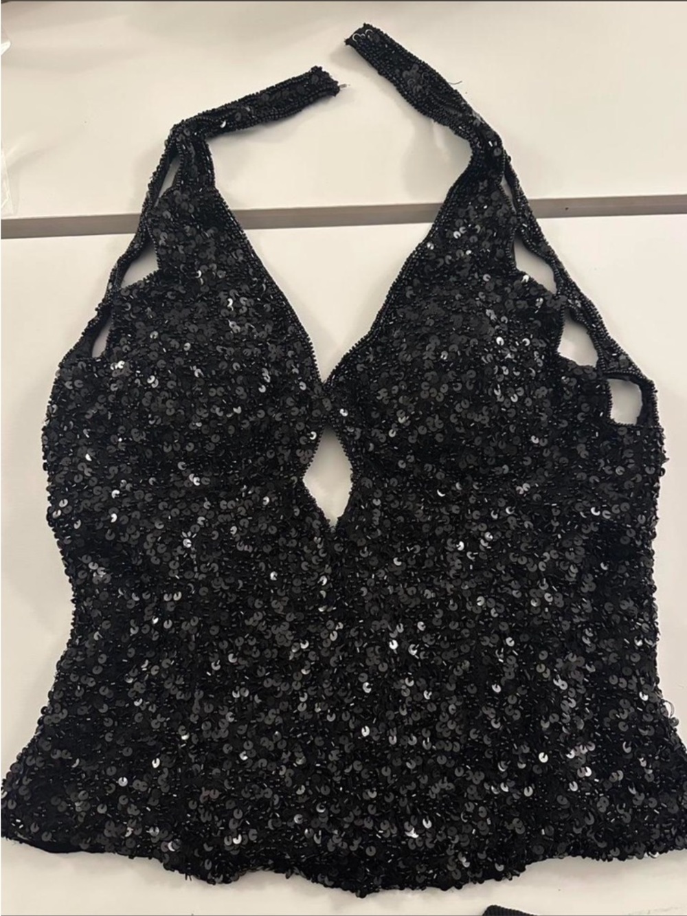 Black Sequin Halter Party Top
